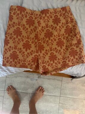 Orange Floral Jacquard High-Waist Shorts